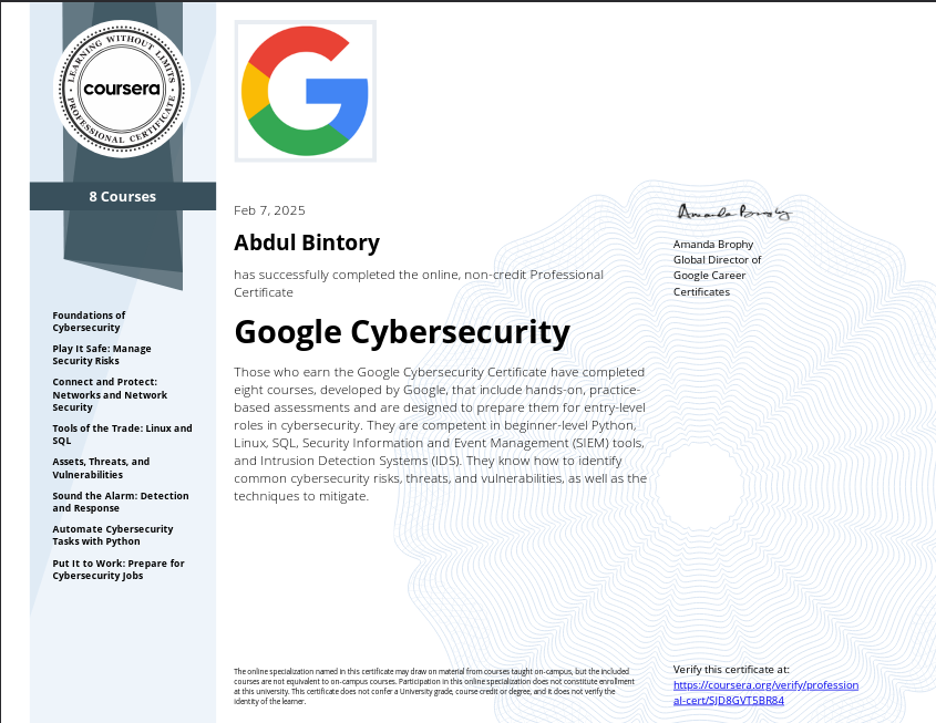 Google Cybersecurity Professional Certificate certificate preview