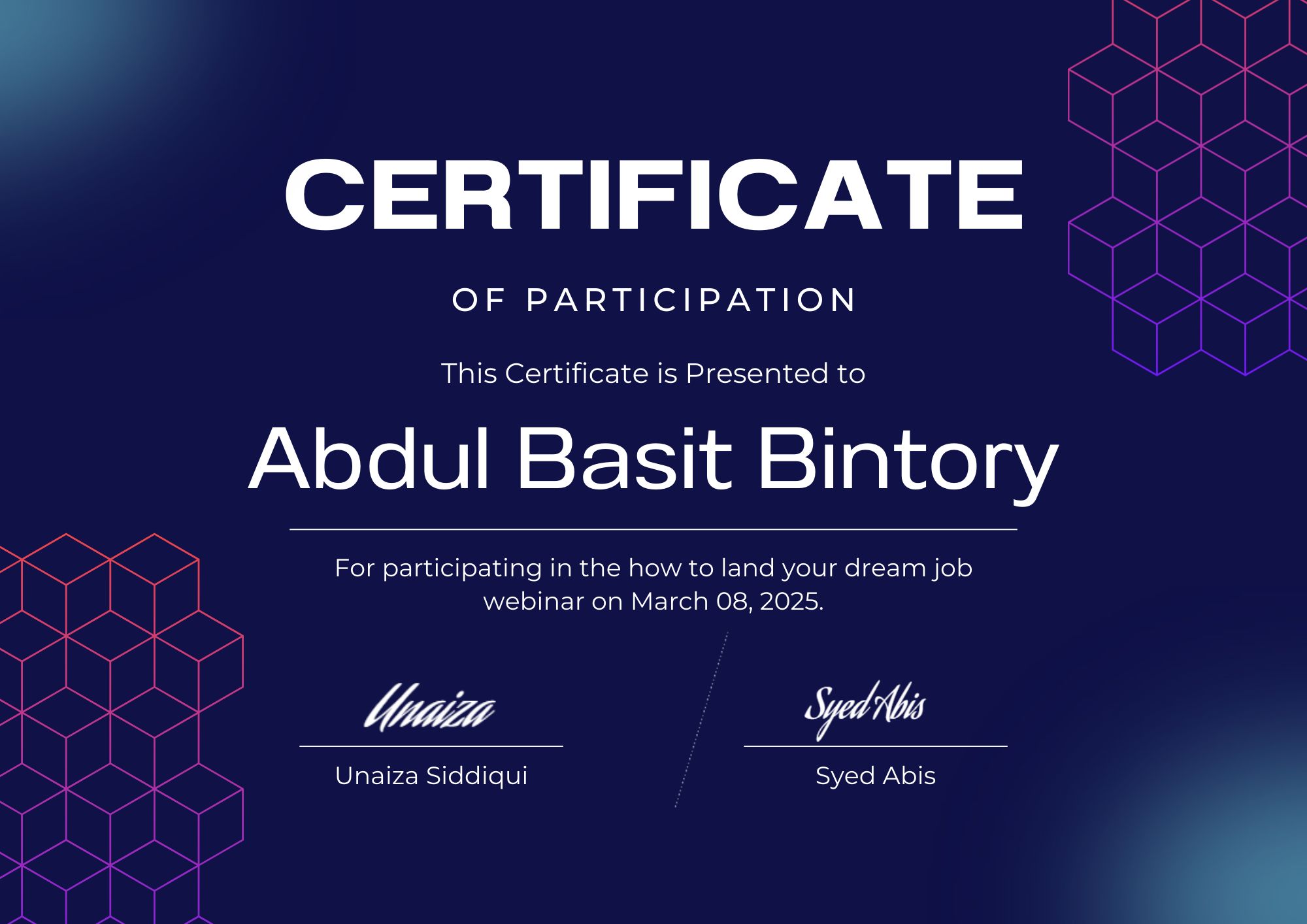 DataCrumbs Career Counseling Webinar certificate preview