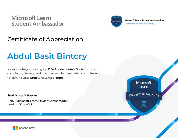 MLSA MAJU DSA Fundamentals Bootcamp 2025 certificate preview