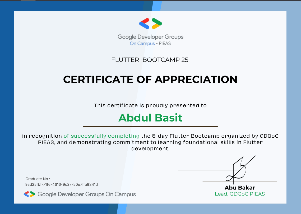 GDGOC PIEAS Flutter Bootcamp certificate preview