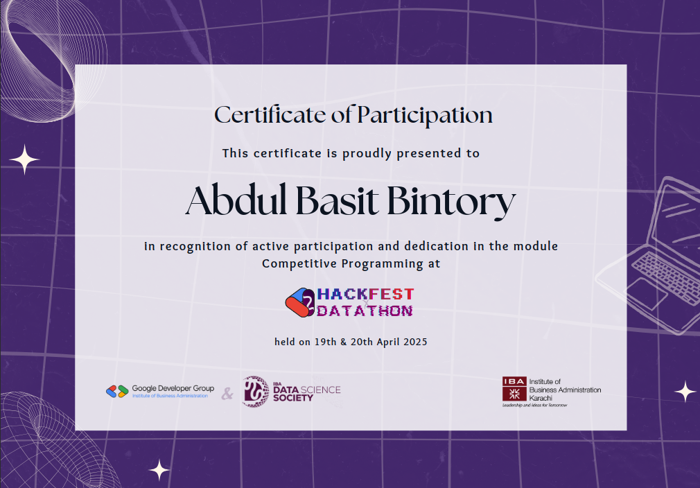 GDGOC IBA HackFest X Datathon certificate preview