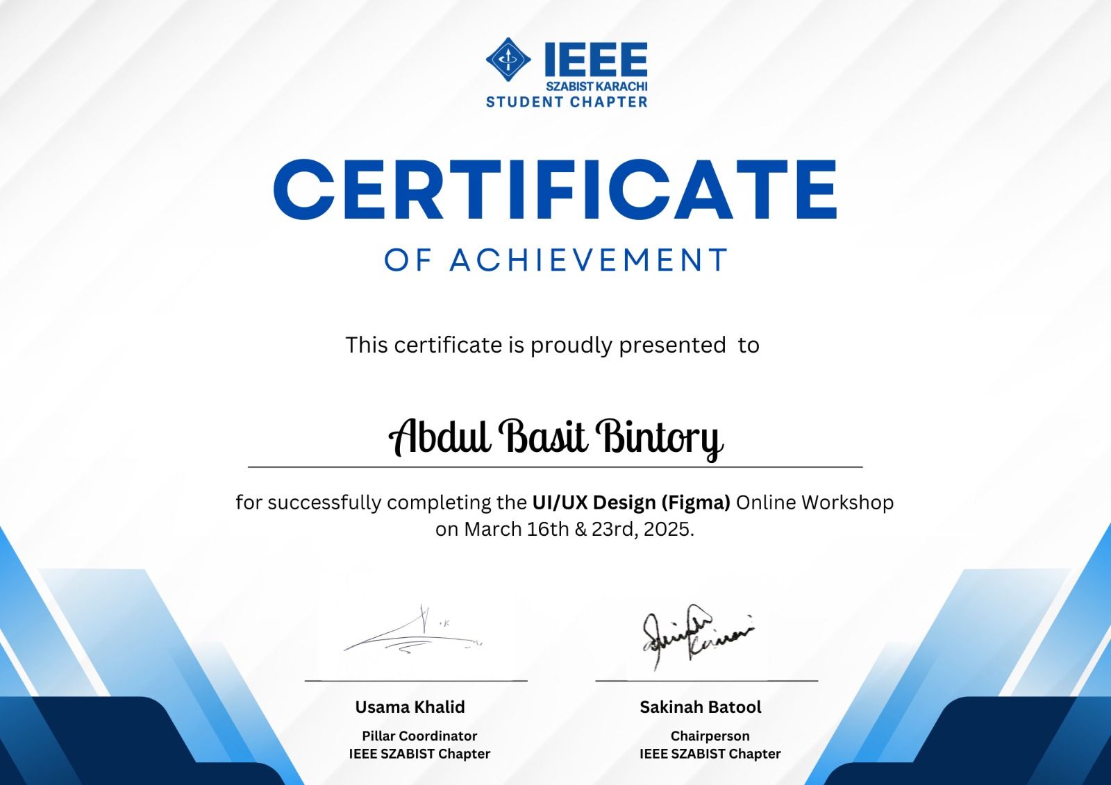 IEEE Szabist Chapter UI/UX Workshop certificate preview