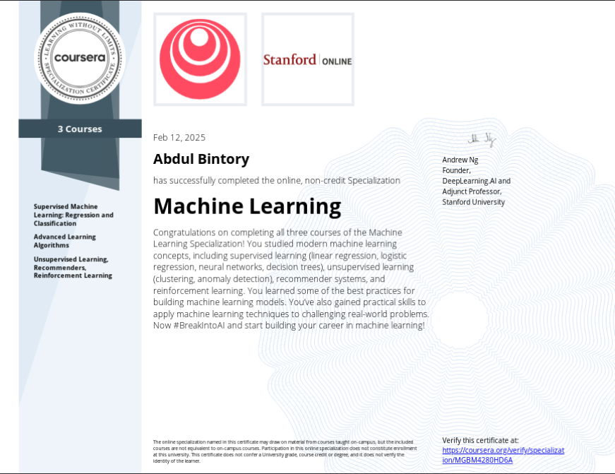 Stanford Machine Learning Specialization certificate preview