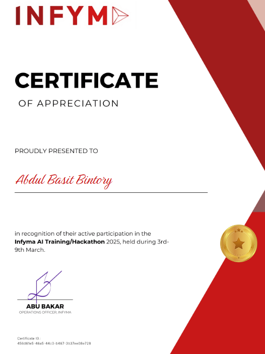 Infyma AI Training and Hackathon 2025 certificate preview